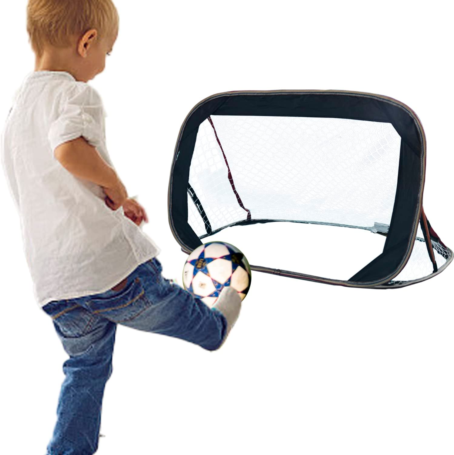 Pop-up soccer goals set of 2 or 1 pack for garden children-90-120-175-Robust flat steel frame and fiberglass rod - Easy assembly - Weatherproof 150 D polyester.