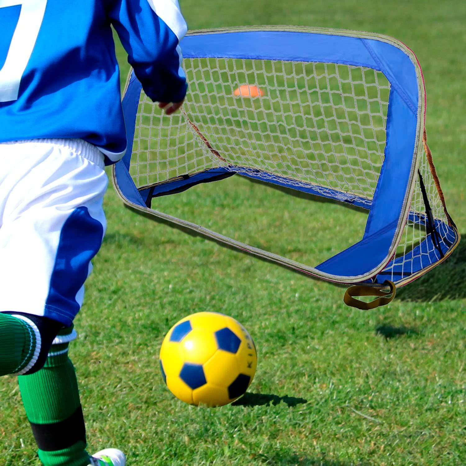 Pop-up soccer goals set of 2 or 1 pack for garden children-90-120-175-Robust flat steel frame and fiberglass rod - Easy assembly - Weatherproof 150 D polyester.