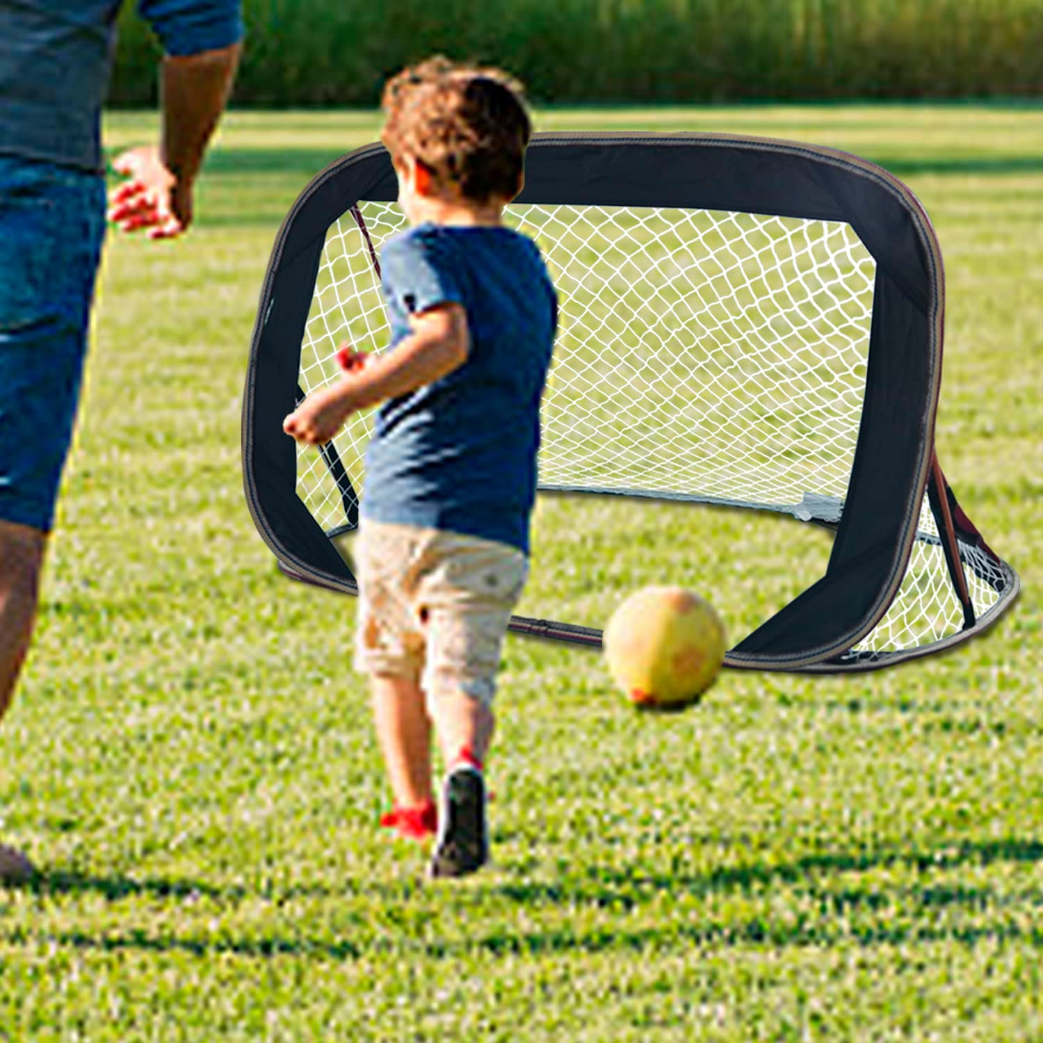 Pop-up soccer goals set of 2 or 1 pack for garden children-90-120-175-Robust flat steel frame and fiberglass rod - Easy assembly - Weatherproof 150 D polyester.