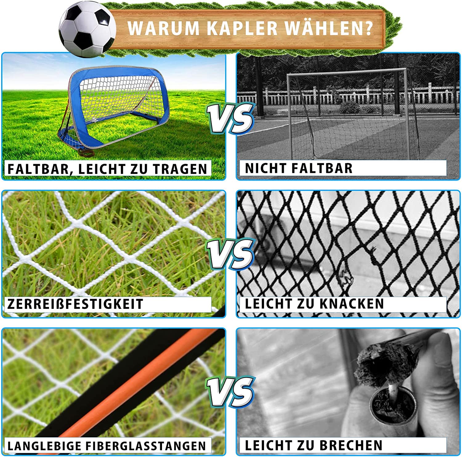 Pop-up soccer goals set of 2 or 1 pack for garden children-90-120-175-Robust flat steel frame and fiberglass rod - Easy assembly - Weatherproof 150 D polyester.