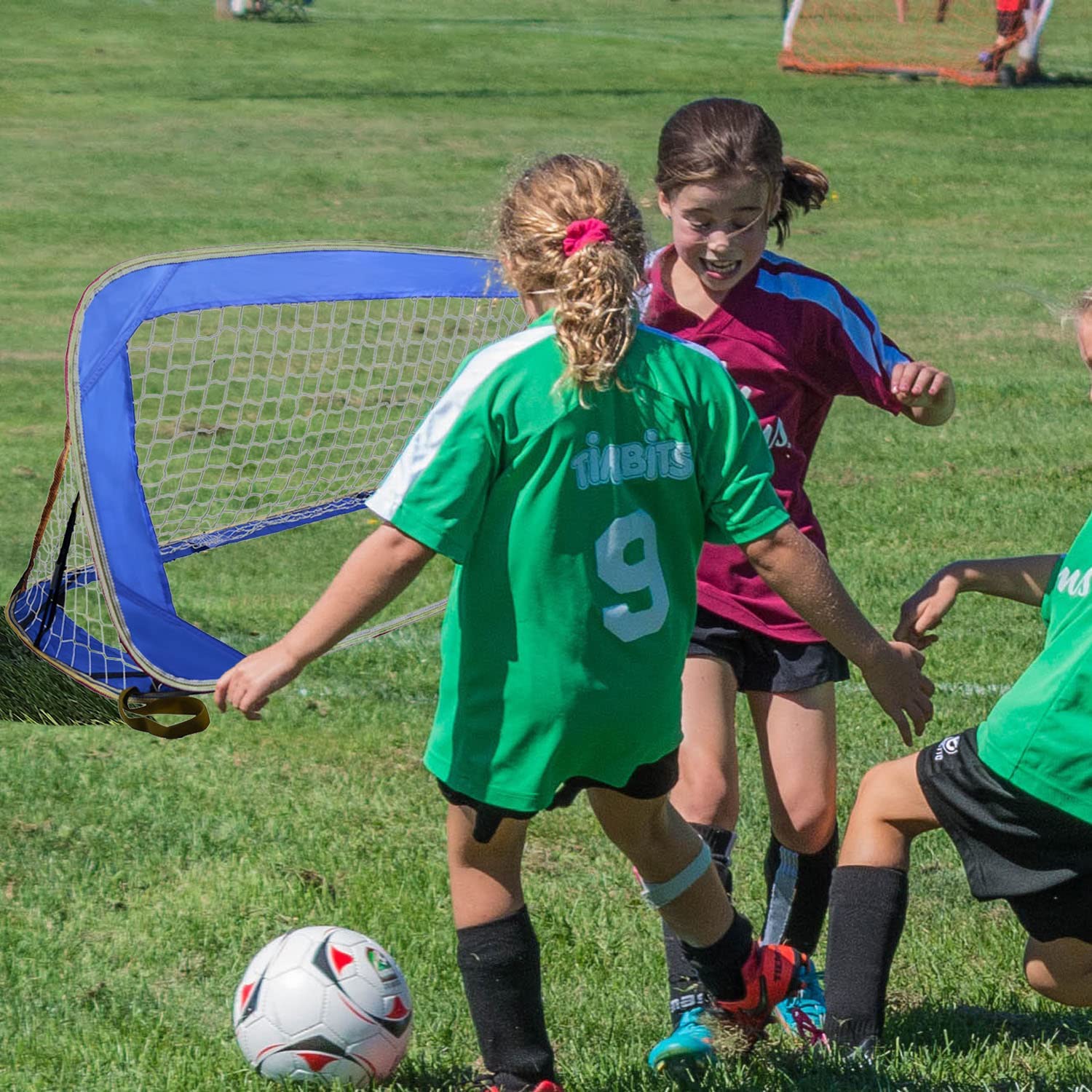 Pop-up soccer goals set of 2 or 1 pack for garden children-90-120-175-Robust flat steel frame and fiberglass rod - Easy assembly - Weatherproof 150 D polyester.