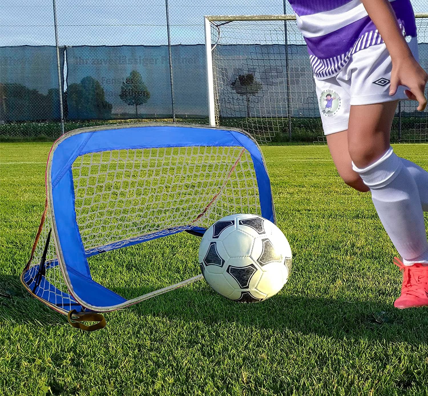 Pop-up soccer goals set of 2 or 1 pack for garden children-90-120-175-Robust flat steel frame and fiberglass rod - Easy assembly - Weatherproof 150 D polyester.