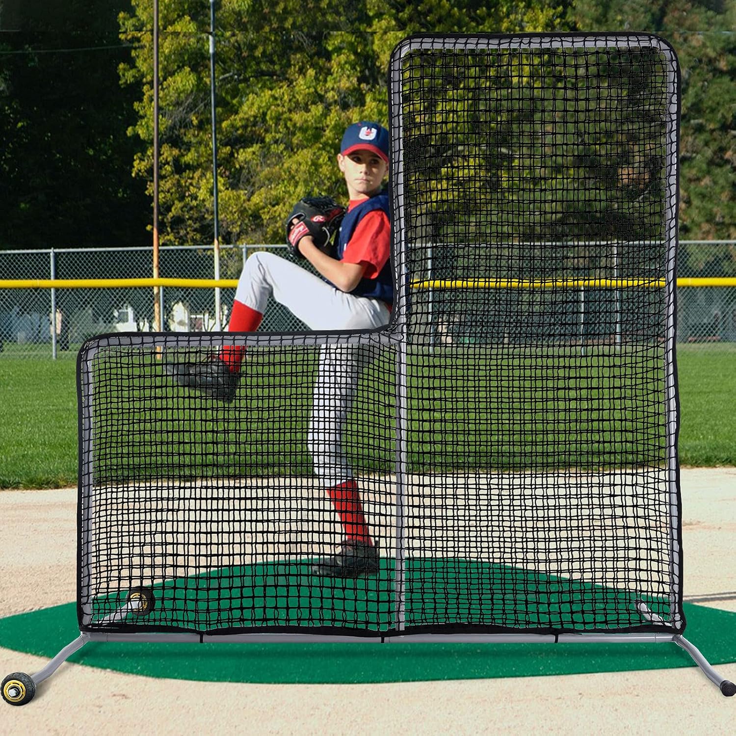 Gagalileo L Screen Baseball Pitching Protective Screen with Wheels 7x7Ft(Black)