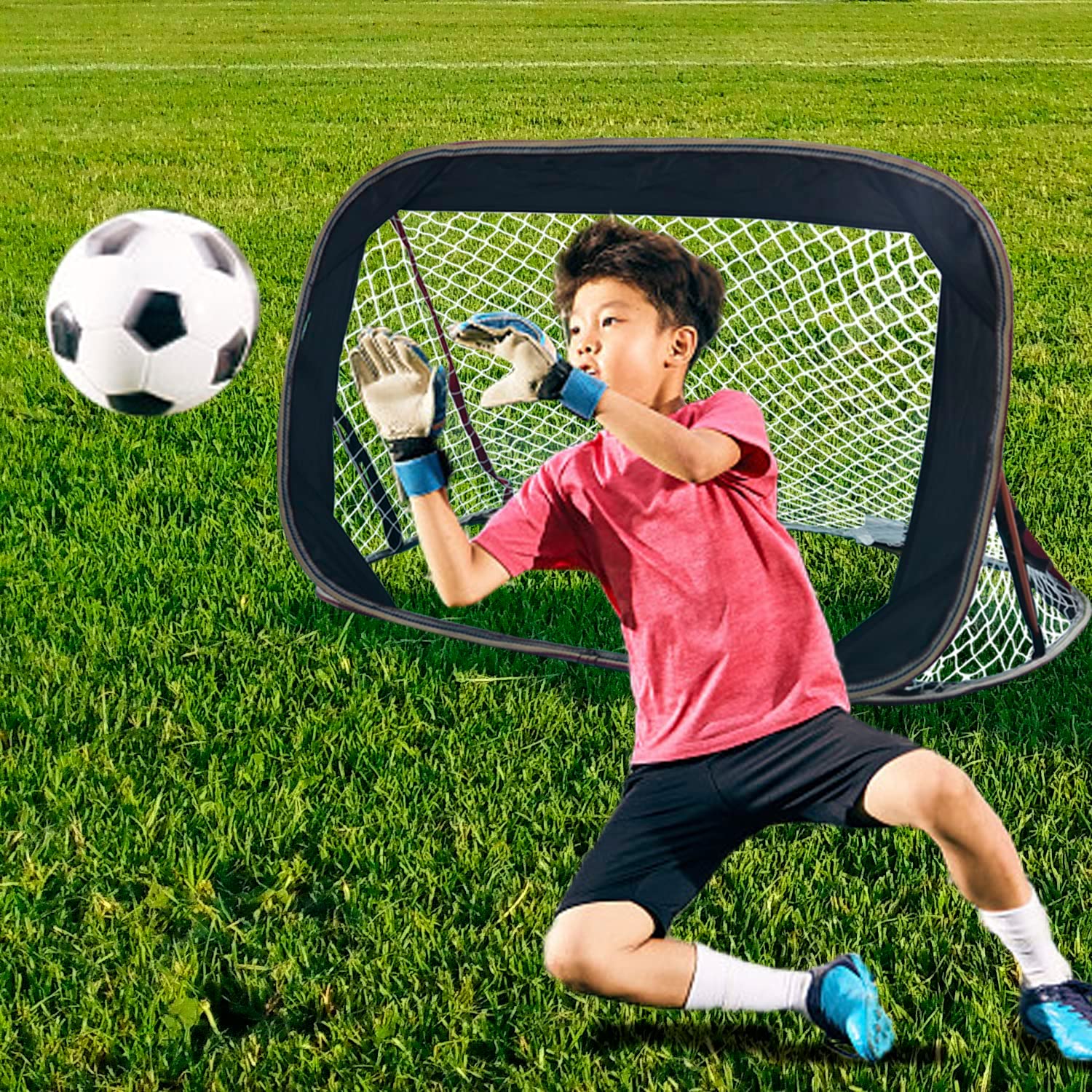 Pop-up soccer goals set of 2 or 1 pack for garden children-90-120-175-Robust flat steel frame and fiberglass rod - Easy assembly - Weatherproof 150 D polyester.