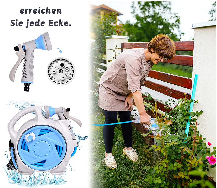 Small Garden Hose Reel, Retractable 50Ft Water Hose Reel With 7 Water Sprayer Modes, Wall Mount Kink Free and Convenient Storage (Mini, Blue)
