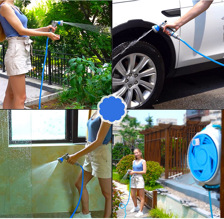 Small Garden Hose Reel, Retractable 50Ft Water Hose Reel With 7 Water Sprayer Modes, Wall Mount Kink Free and Convenient Storage (Mini, Blue)