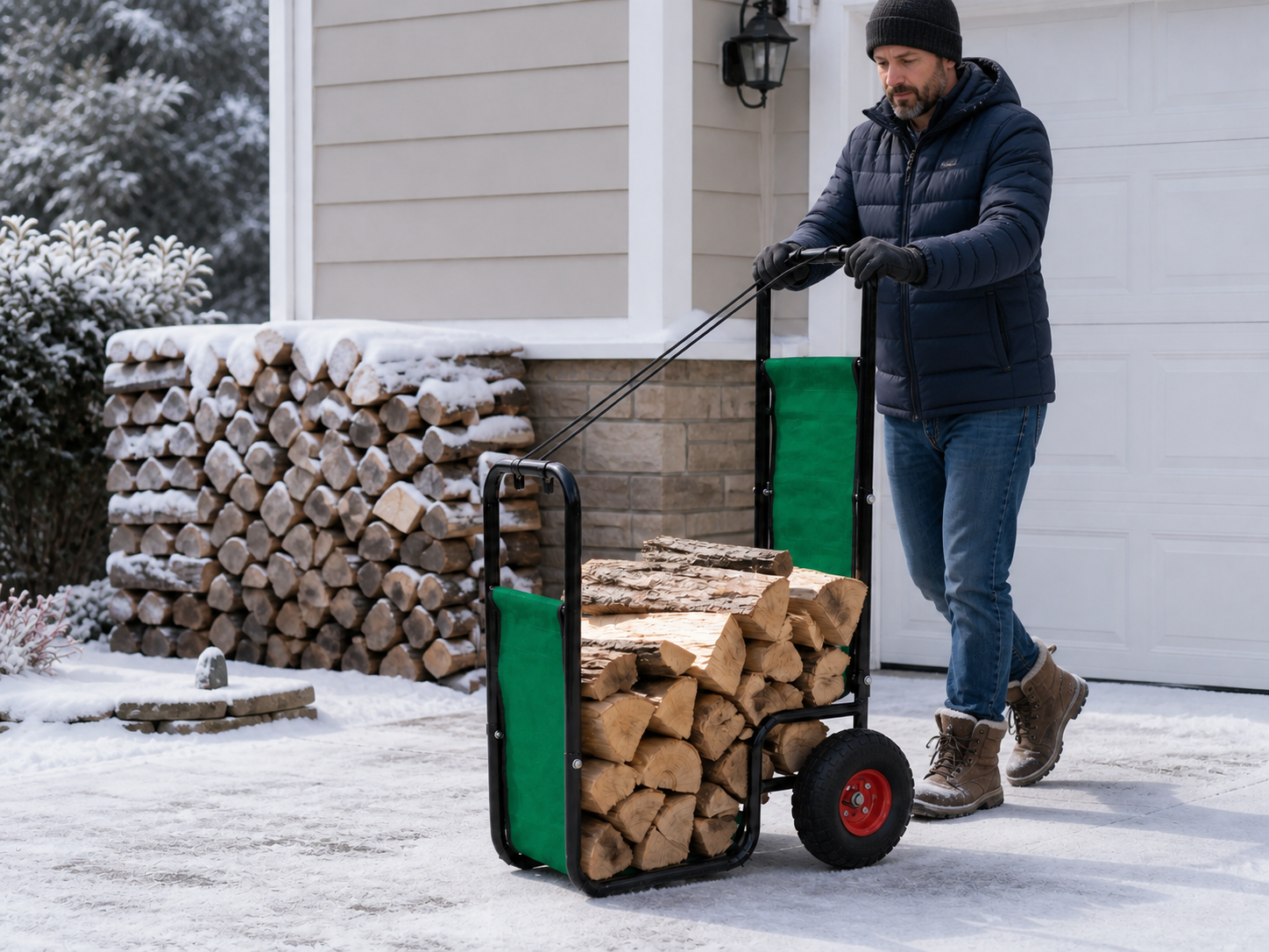 Winter firewood cart scene with person pushing cart