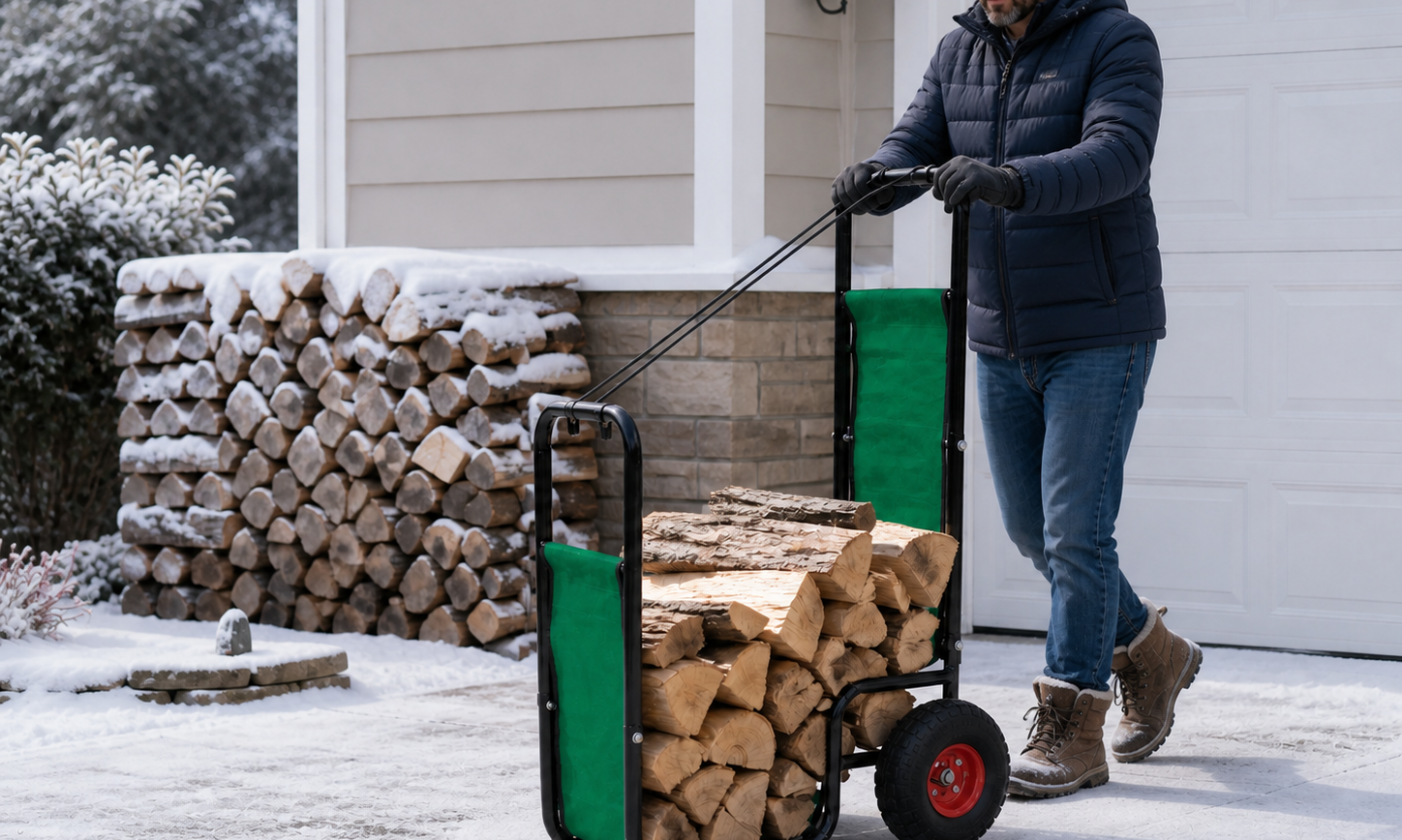 Winter firewood cart scene with person pushing cart