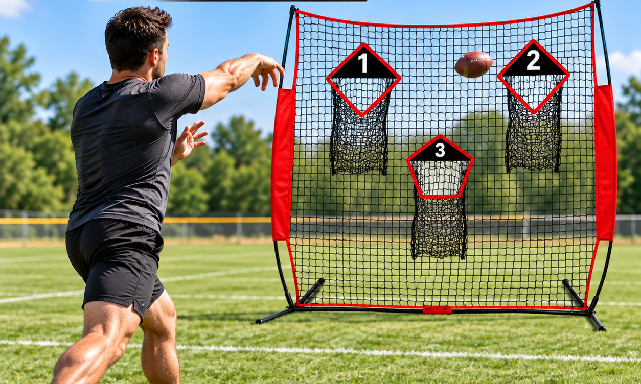 Outdoor football passing practice with the Gagalileo 8x8ft football net