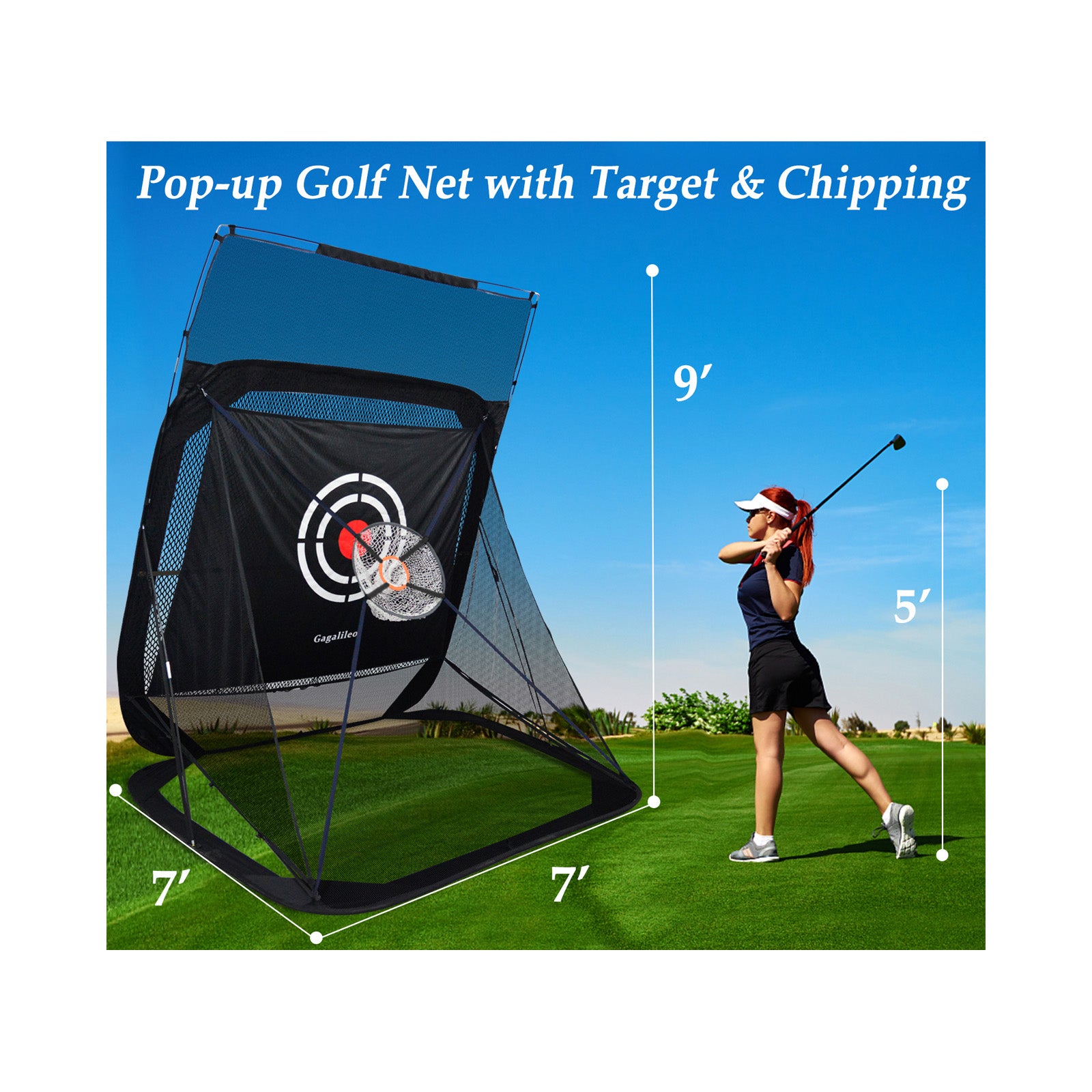 Galileo 9x7x7 Golf Practice Nets Pop Up Golf Net | Black
