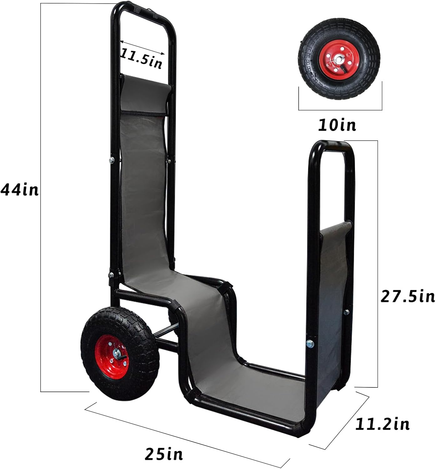 Galileo Heavy-Duty Firewood Cart with Wheels - Steel Fireplace Log Carrier w/Baffle & Bungees, Indoor/Outdoor Rolling Dolly for Wood Storage, Black