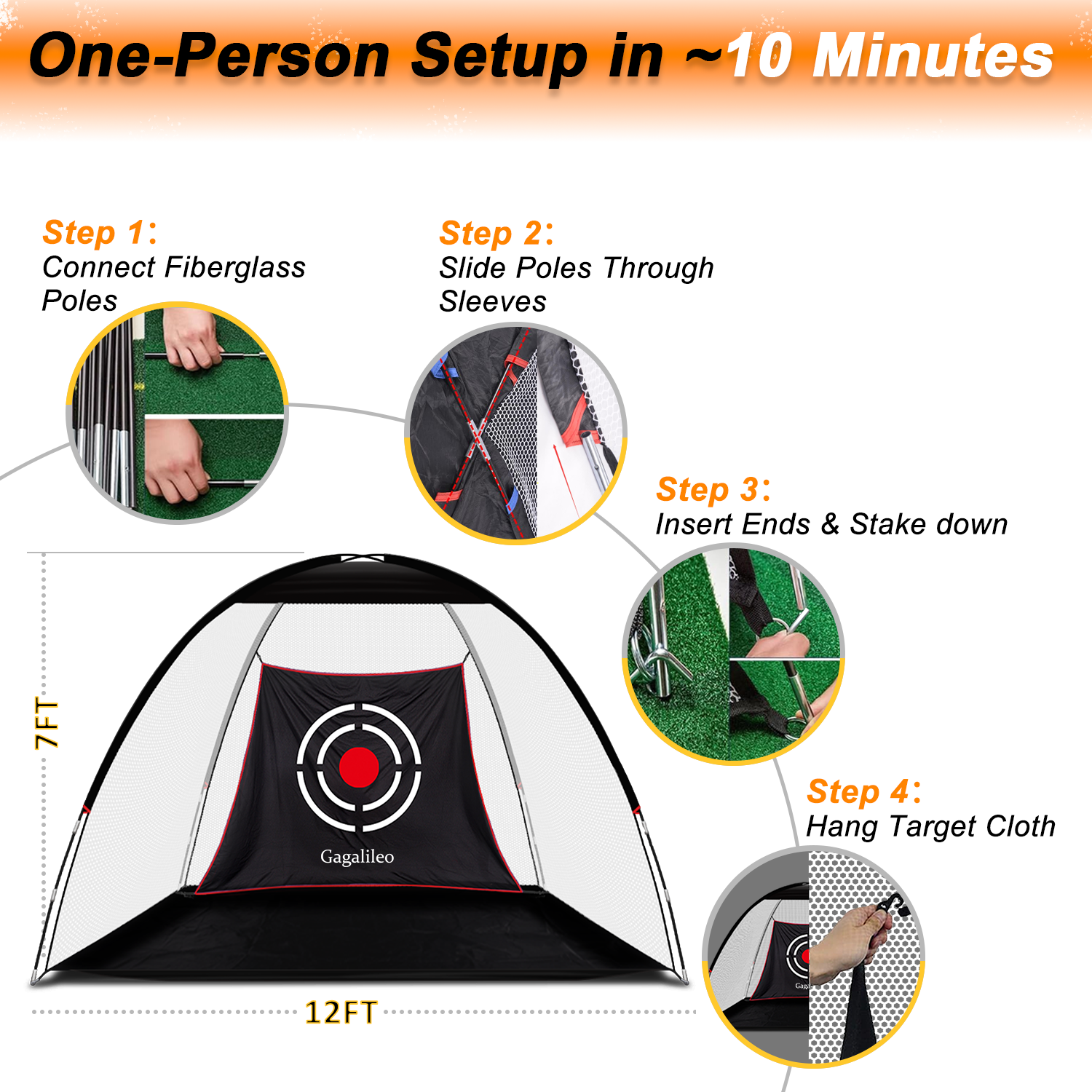 Gagalileo Golf Driving Hitting Net 12X7X6.6ft with Balls/Turf Mat/Tees/Hat/Target/Bag