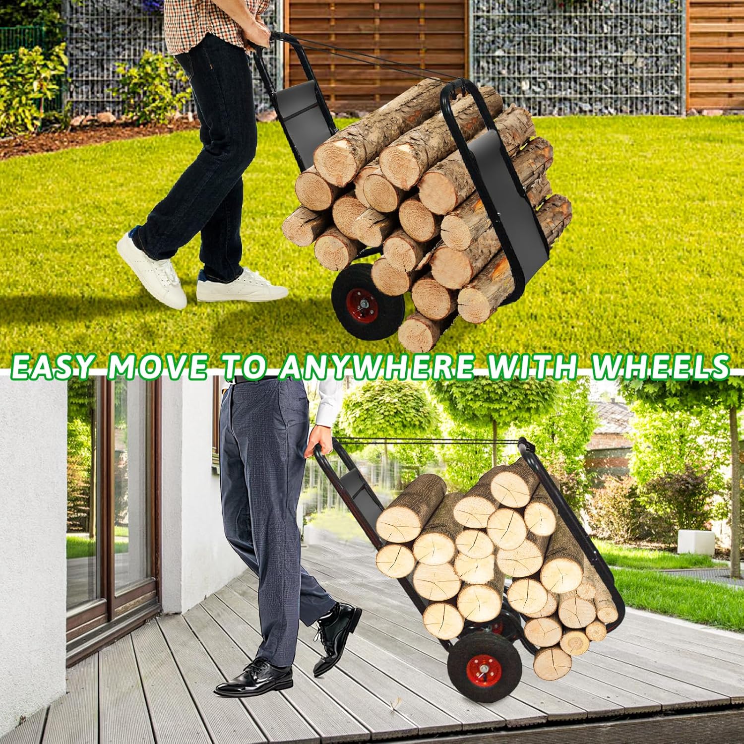 Galileo Heavy-Duty Firewood Cart with Wheels - Steel Fireplace Log Carrier w/Baffle & Bungees, Indoor/Outdoor Rolling Dolly for Wood Storage, Black