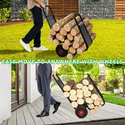Galileo Heavy-Duty Firewood Cart with Wheels - Steel Fireplace Log Carrier w/Baffle & Bungees, Indoor/Outdoor Rolling Dolly for Wood Storage, Black