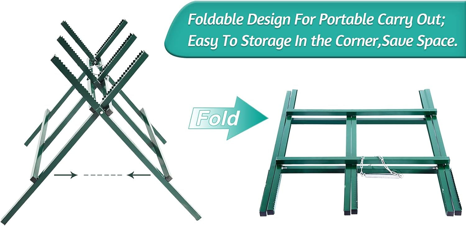 Galileo Heavy-Duty Folding Saw Horse – Log Holder for Chainsaw Cutting, Steel Sawtooth Notches & Secure Spring Clamp – Supports 150lbs for Firewood, Lumber & DIY Woodworking