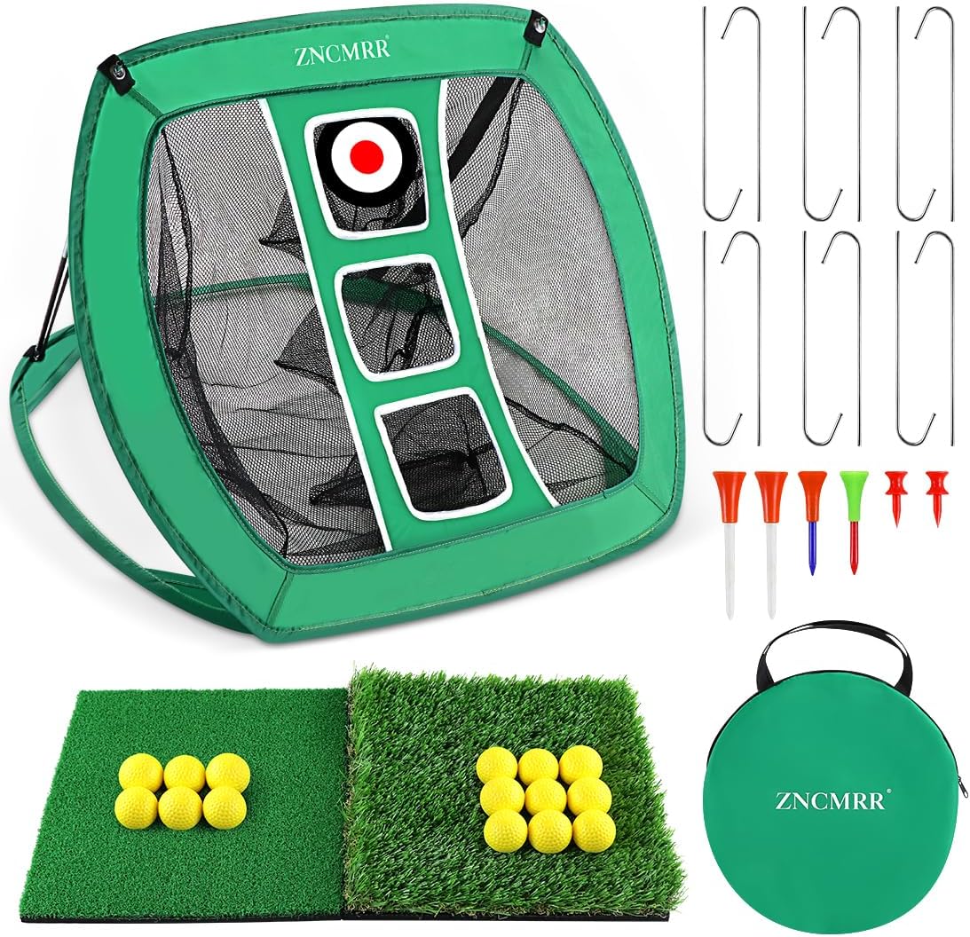 Outdoor Golfing Target Net Collapsible Portable Golf Hitting Net with 15 Training Balls and 2 Hitting Mats for Backyard Driving and Swing