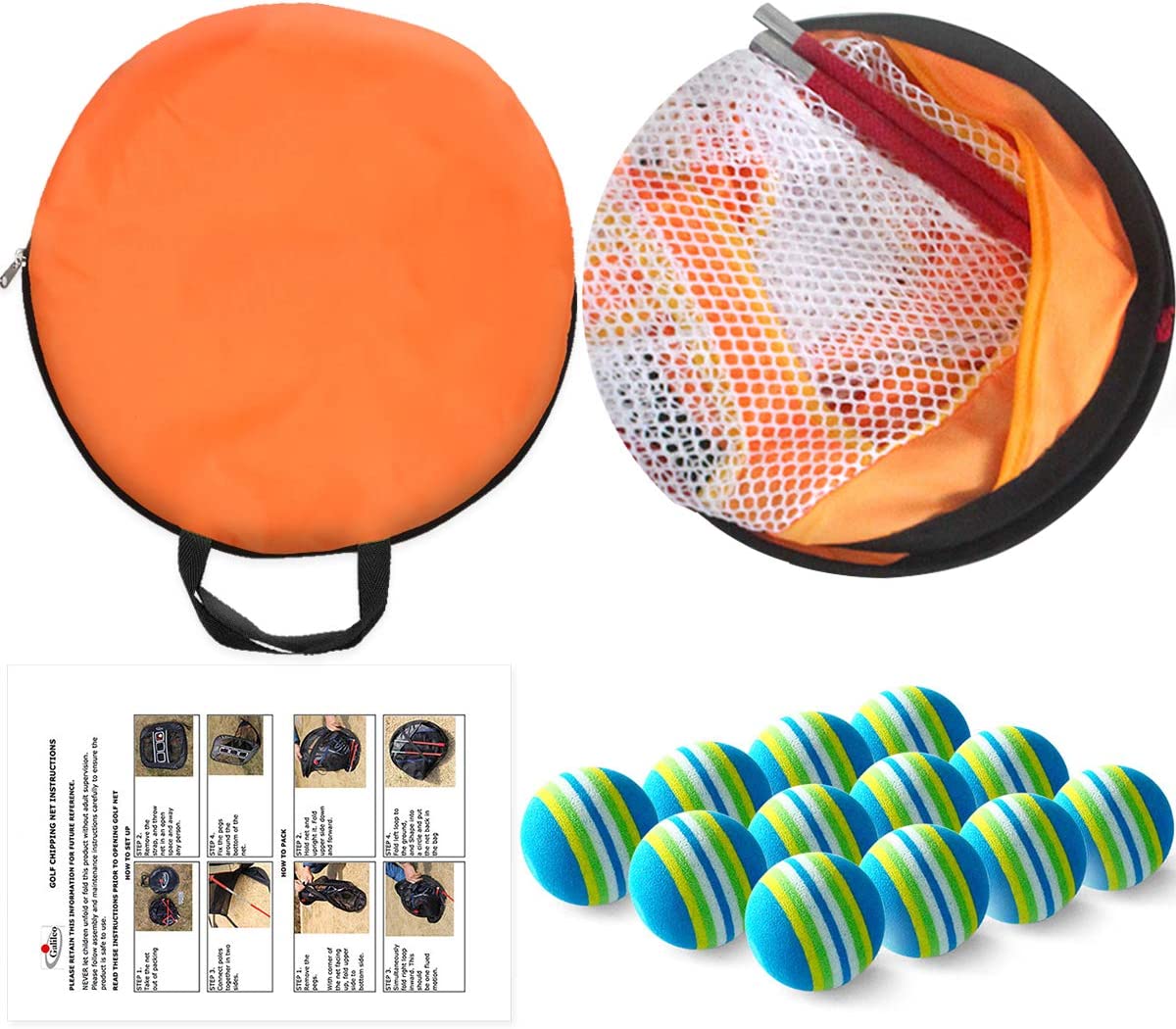 Golf Chipping Net Training Aids with Foam Training Balls(12 pack) | 25''X25''X20'' | Orange | Galileo Sports