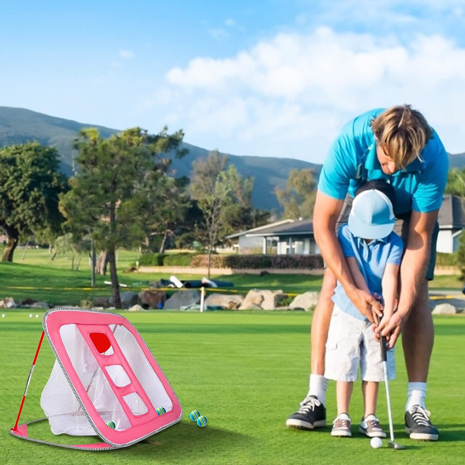 25"x25''X20''Golf-Chipping-Netz-Trainingshilfen mit Schaumstoffbällen (12er-Pack) / Pink