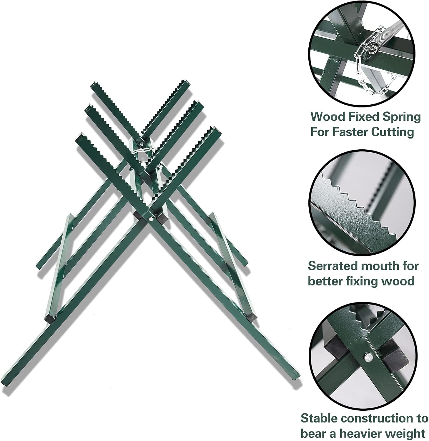 Galileo Heavy-Duty Folding Saw Horse – Log Holder for Chainsaw Cutting, Steel Sawtooth Notches & Secure Spring Clamp – Supports 150lbs for Firewood, Lumber & DIY Woodworking
