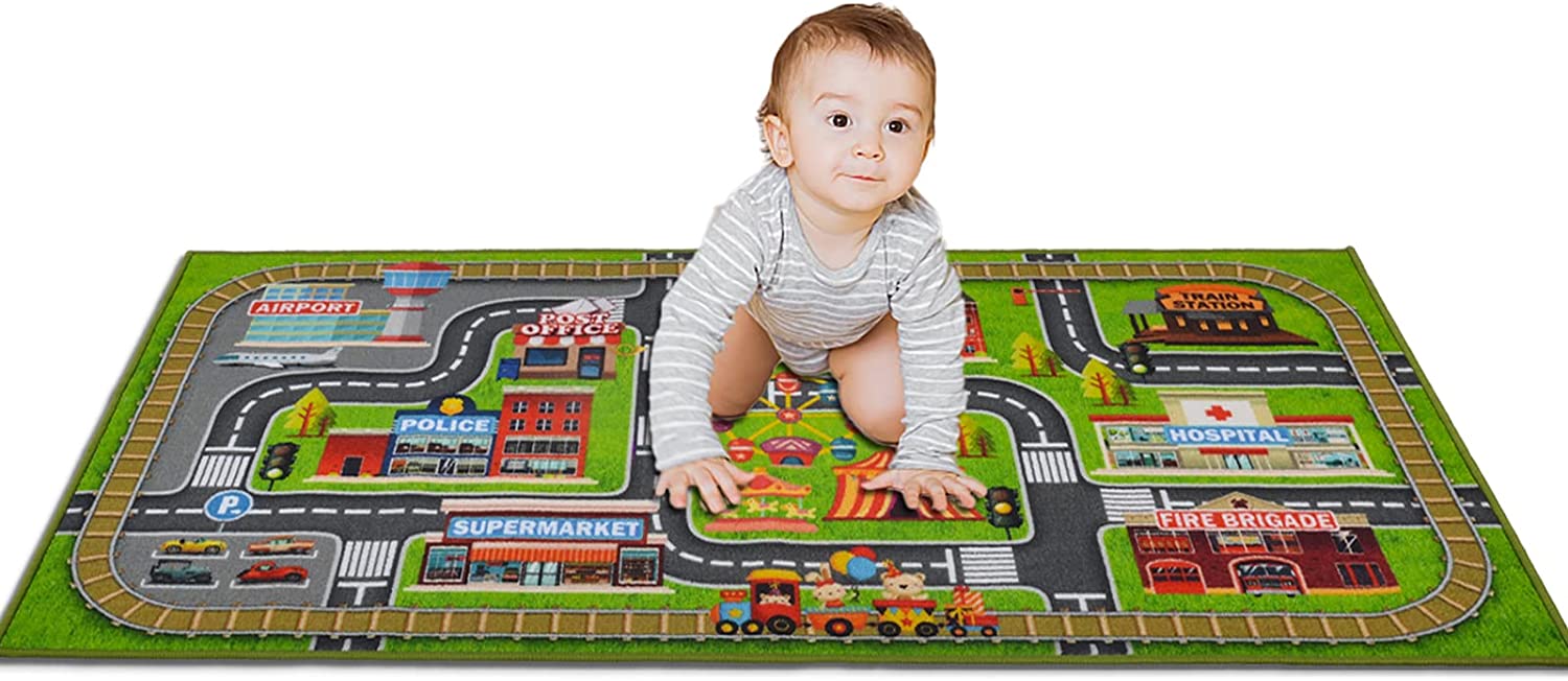 Kids Rug Play Mat Children Rug City Life, Non-Slip Rug for Child Climbing Playing with Cars and Toys, Safety to Have Fun and Education Study