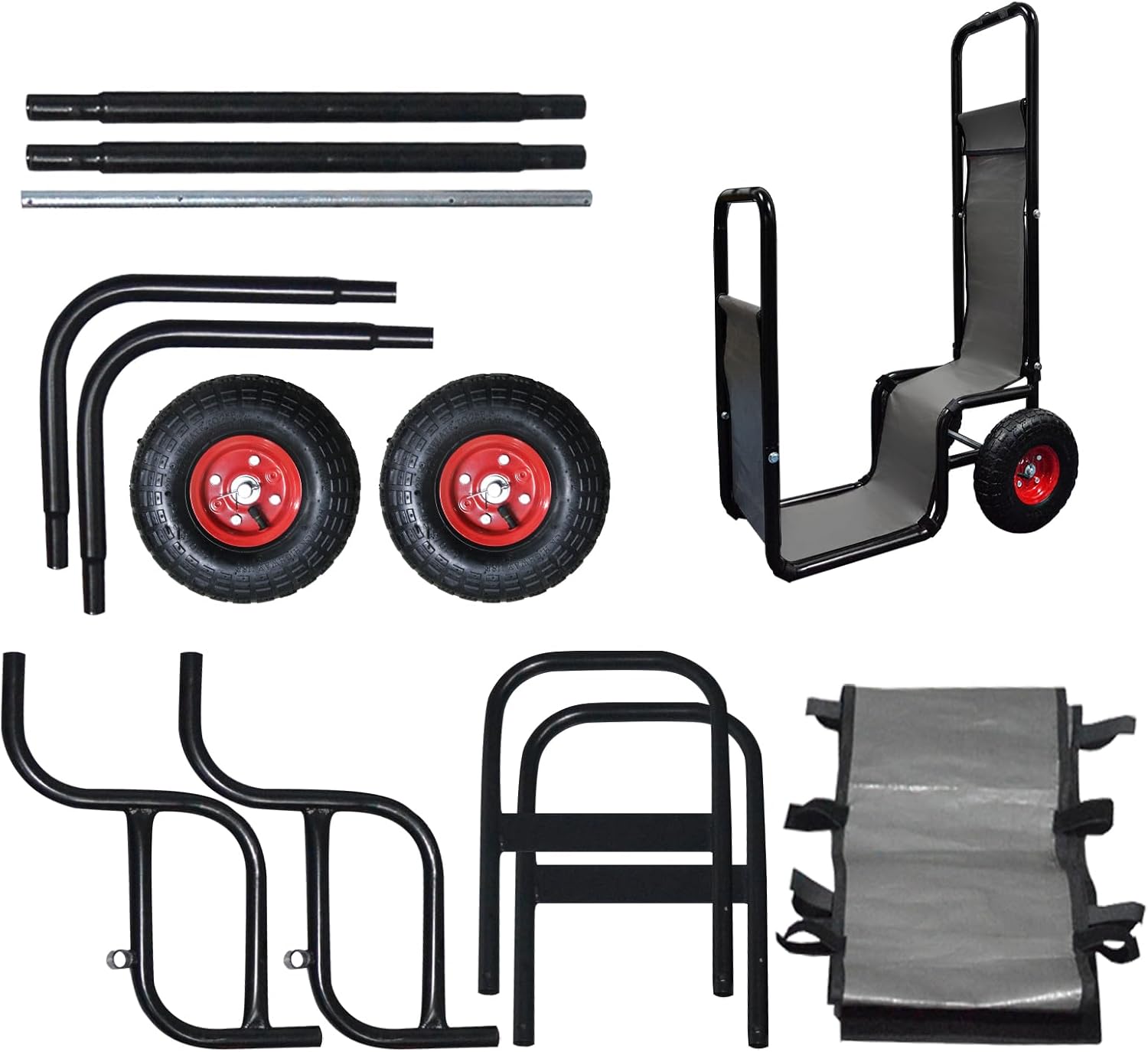 Galileo Heavy-Duty Firewood Cart with Wheels - Steel Fireplace Log Carrier w/Baffle & Bungees, Indoor/Outdoor Rolling Dolly for Wood Storage, Black