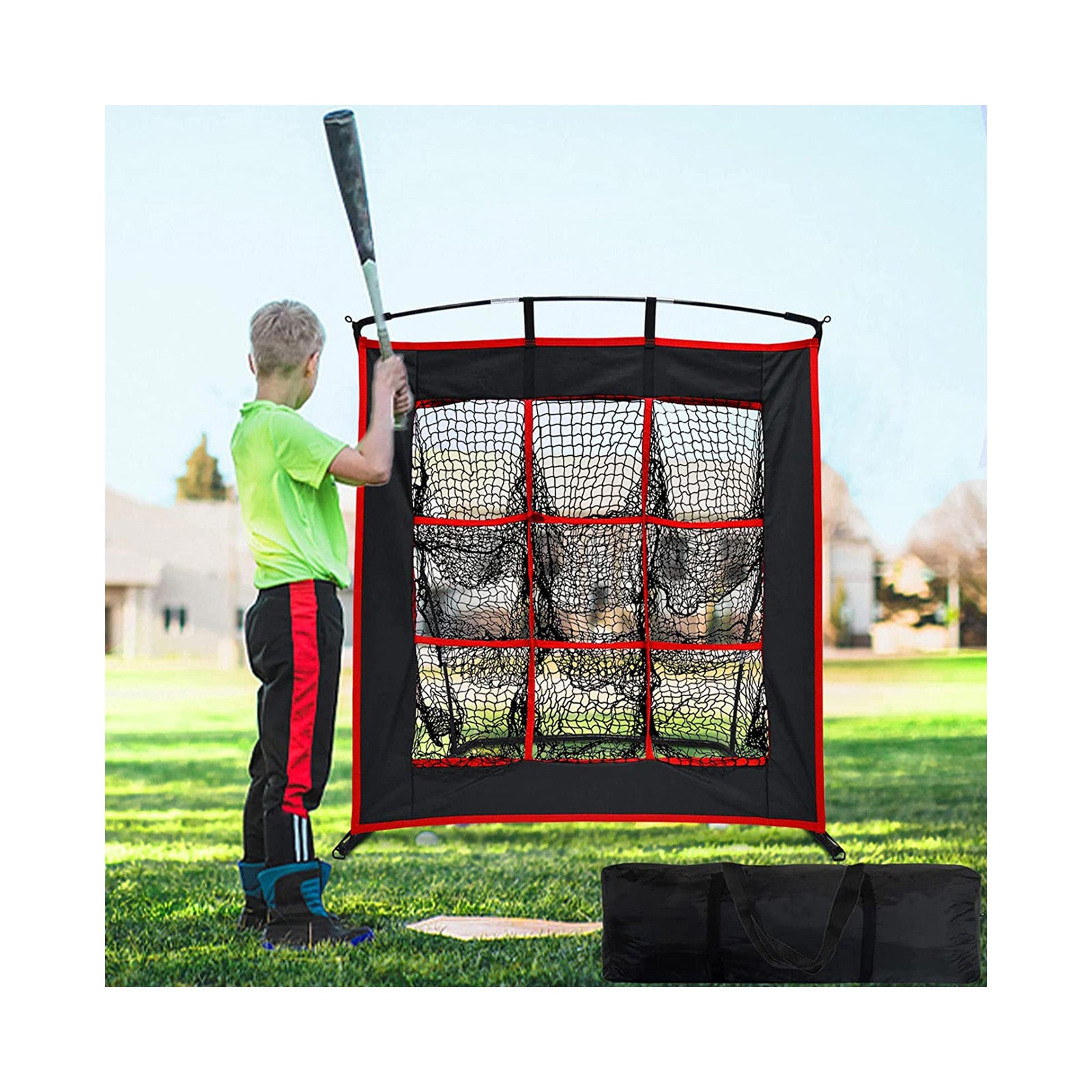 Baseball Softball Pitching Net with Strike Zone, Portable Heavy Duty Steel Frame, 9 Hole Target for Hitting and Pitching