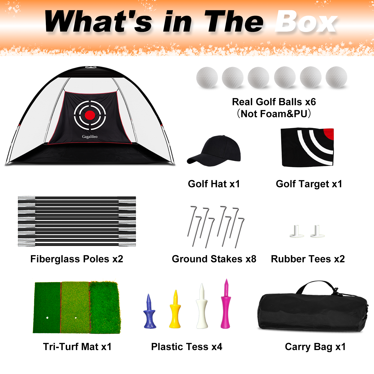 Gagalileo Golf Driving Hitting Net 12X7X6.6ft with Balls/Turf Mat/Tees/Hat/Target/Bag