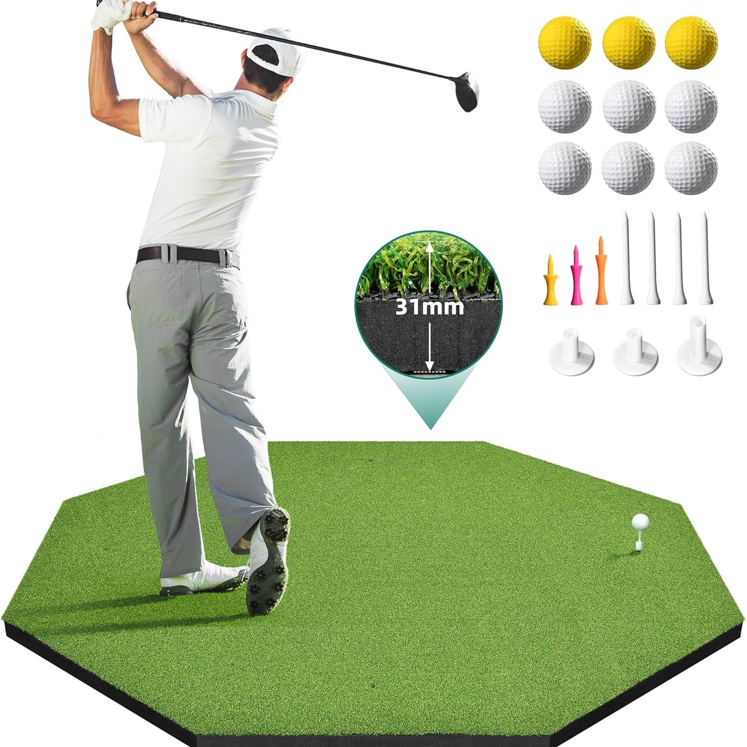 Outdoor Practice | Includes 9 PU Balls, 3 Rubber Tees & 7 Adjustable Tees | Driving & Swing Training Mat