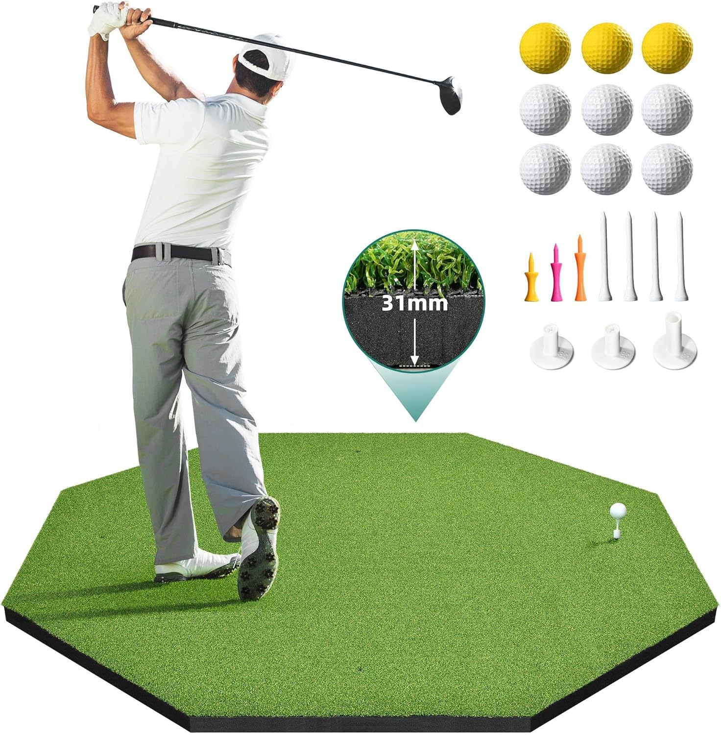5x4FT Professional Golf Hitting Mat - 31mm Thickened Artificial Turf for Indoor/Outdoor Practice | Includes 9 PU Balls, 3 Rubber Tees & 7 Adjustable Tees | Driving & Swing Training Mat