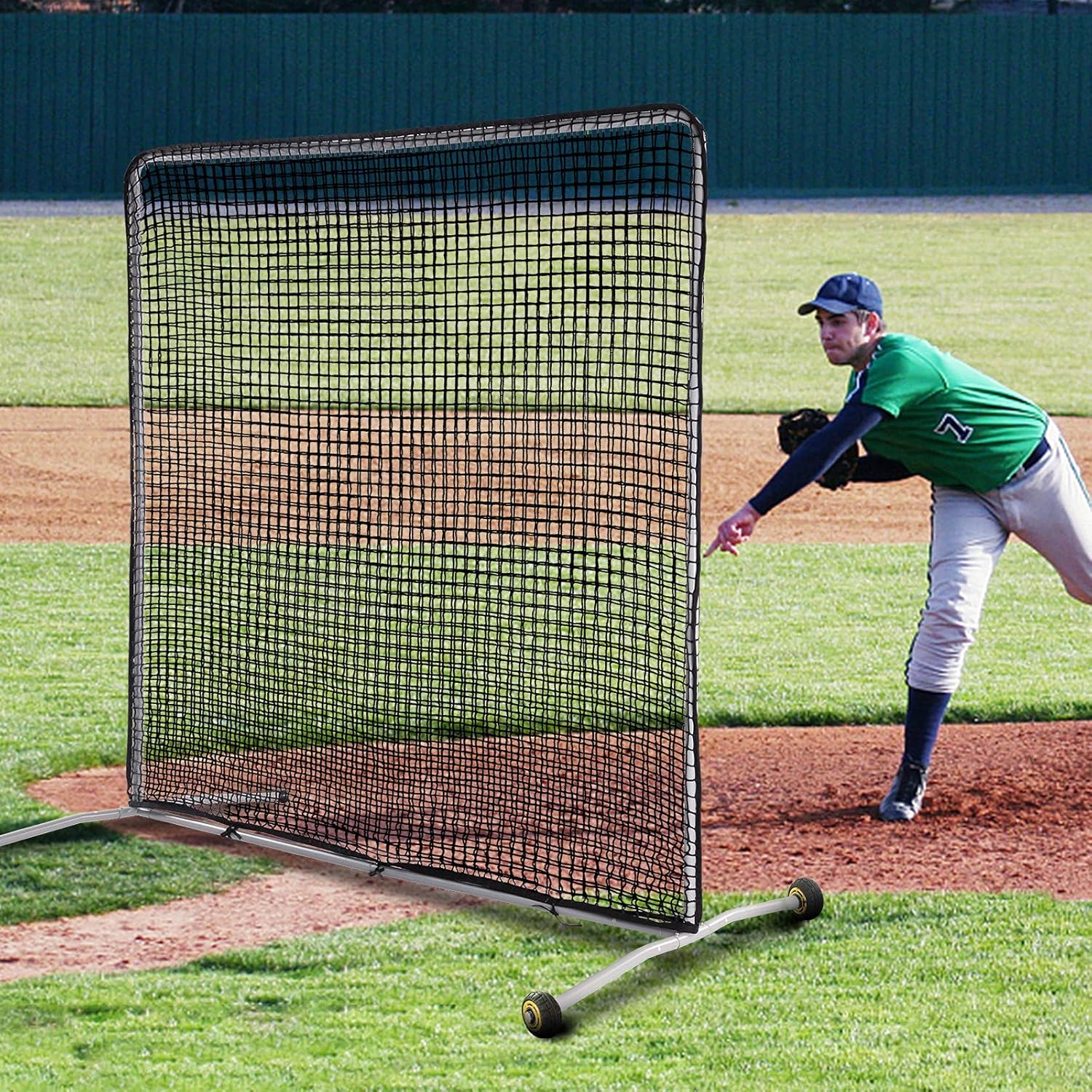 Gagalileo Baseball Pitching Screen Protective Net with Wheels 7x7Ft