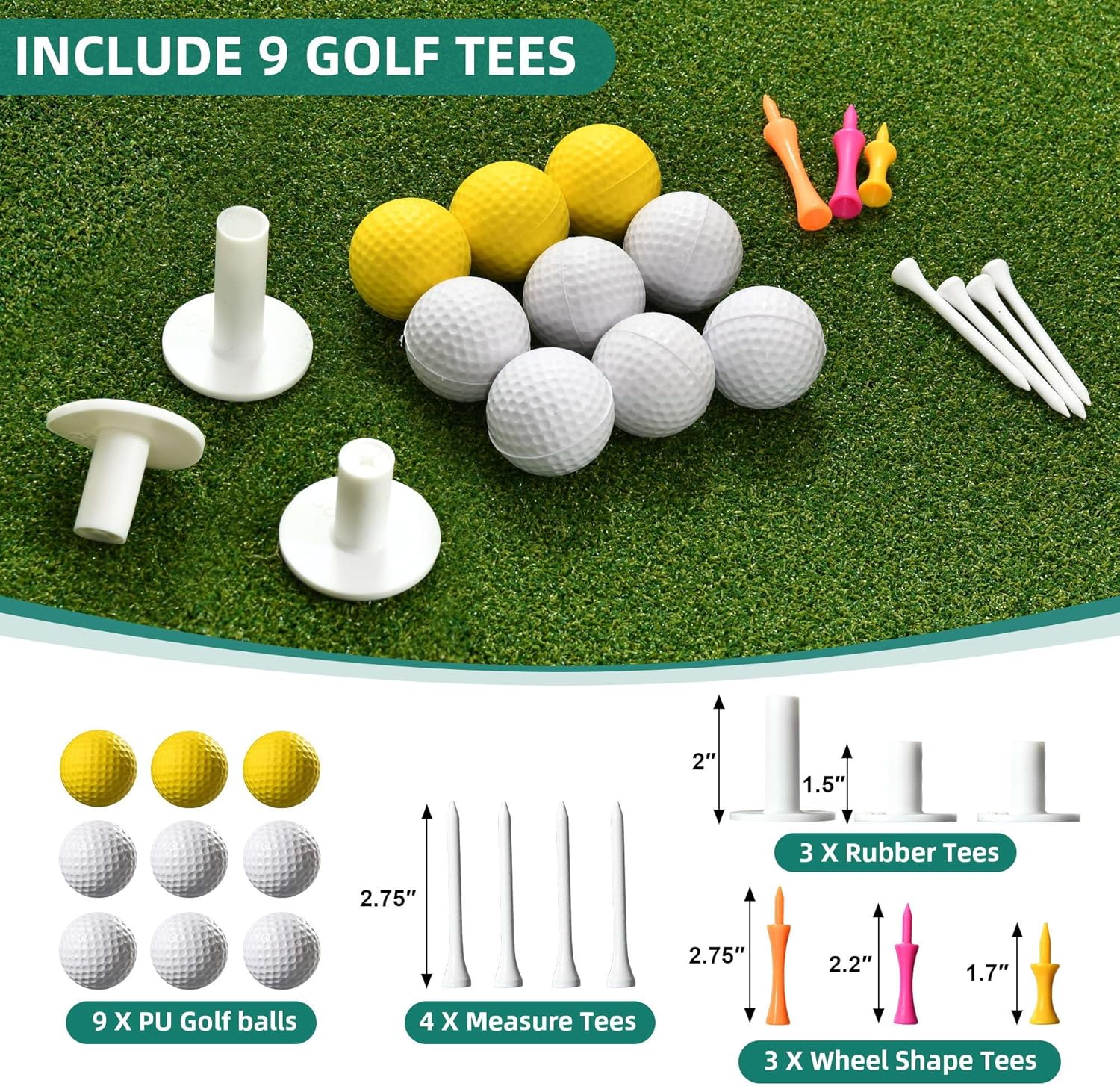 Outdoor Practice | Includes 9 PU Balls, 3 Rubber Tees & 7 Adjustable Tees | Driving & Swing Training Mat