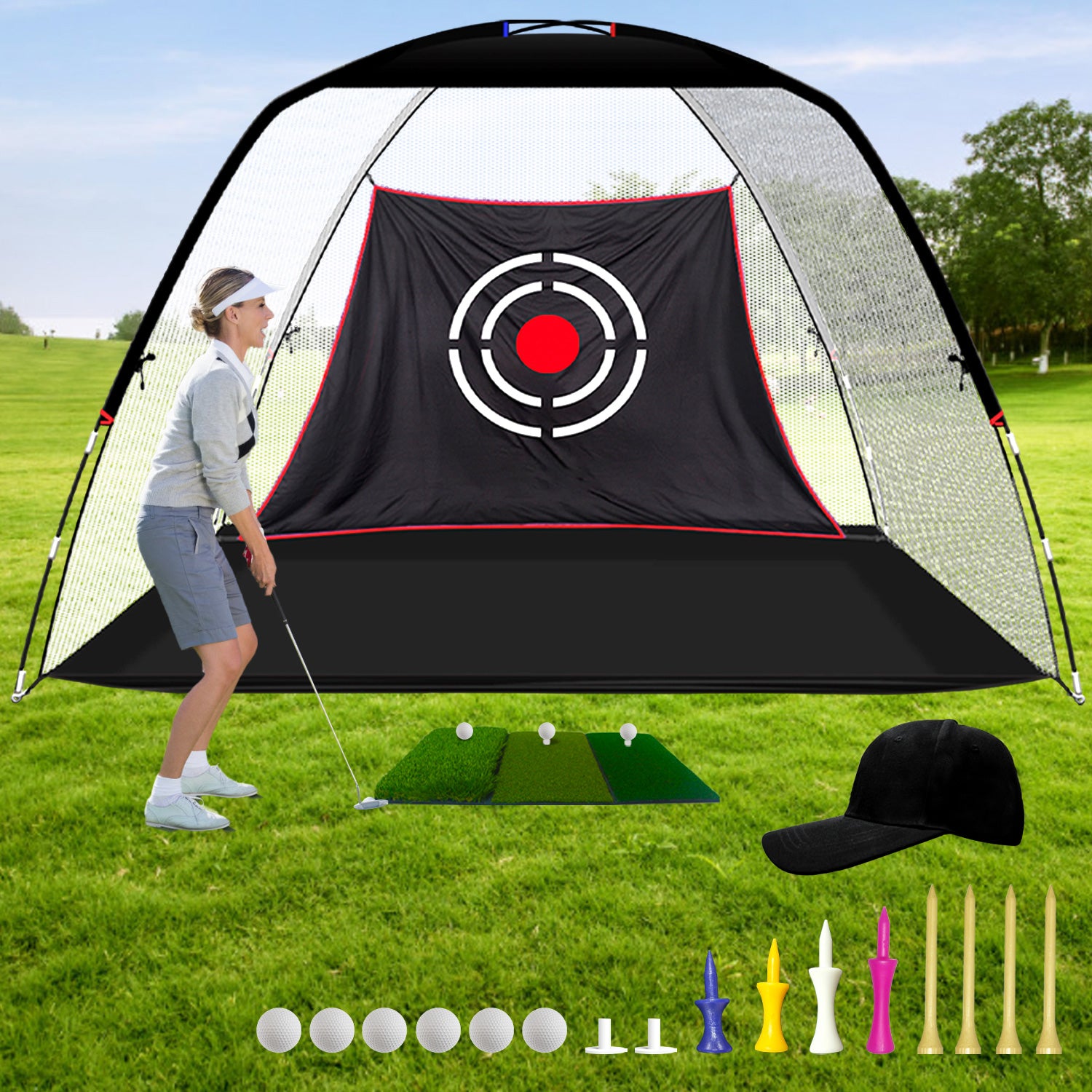 Golf Hitting Practice Nets for Backyard with Balls/Turf Mat/Tees/Hat/Target/Bag 12x7x6.6 ft