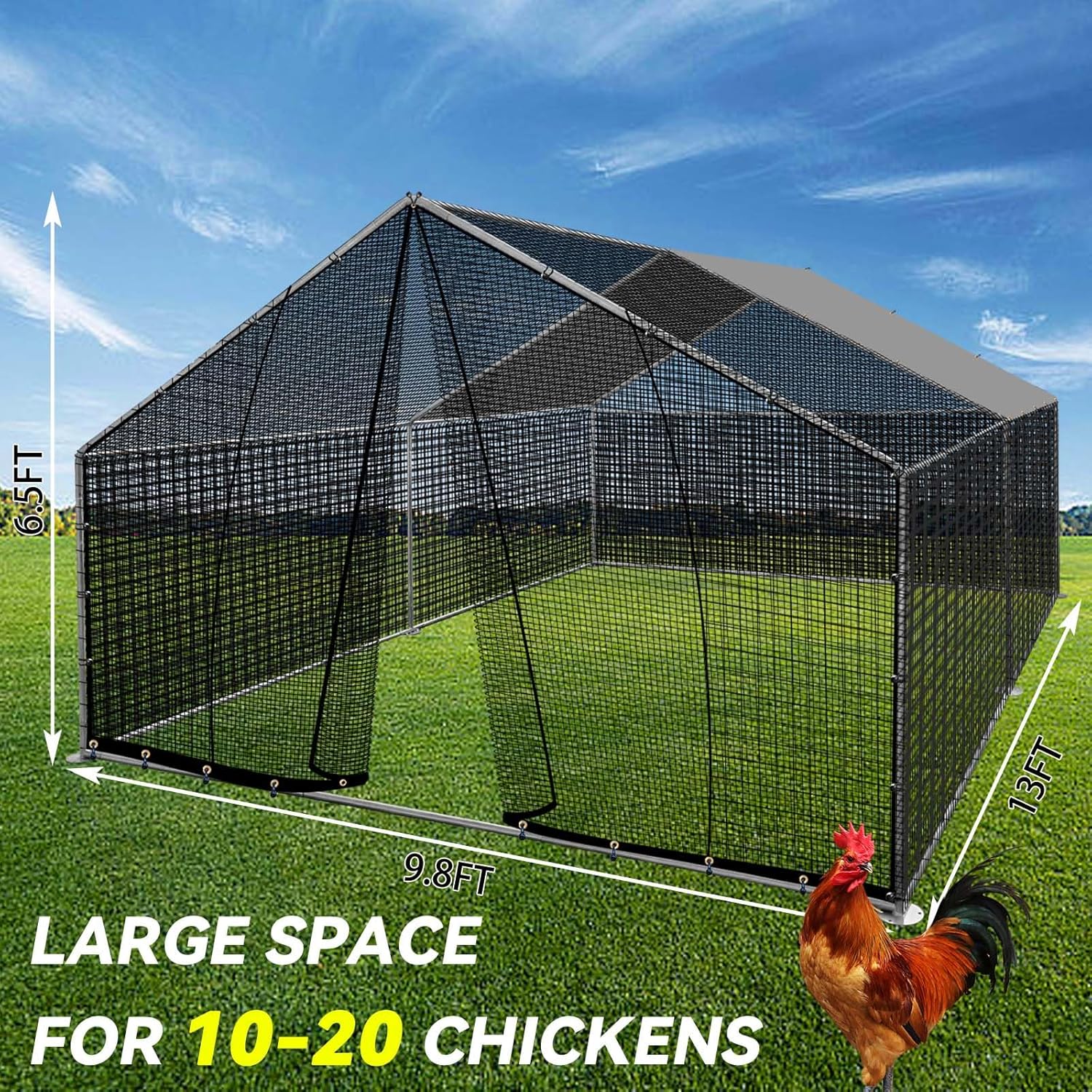 Galileo 13x10ft Walk-In Chicken Coop with Waterproof Cover - Heavy Duty Metal Poultry Pen for Hens, Ducks & Rabbits, Spire Roof Design for Backyard/Farm Use