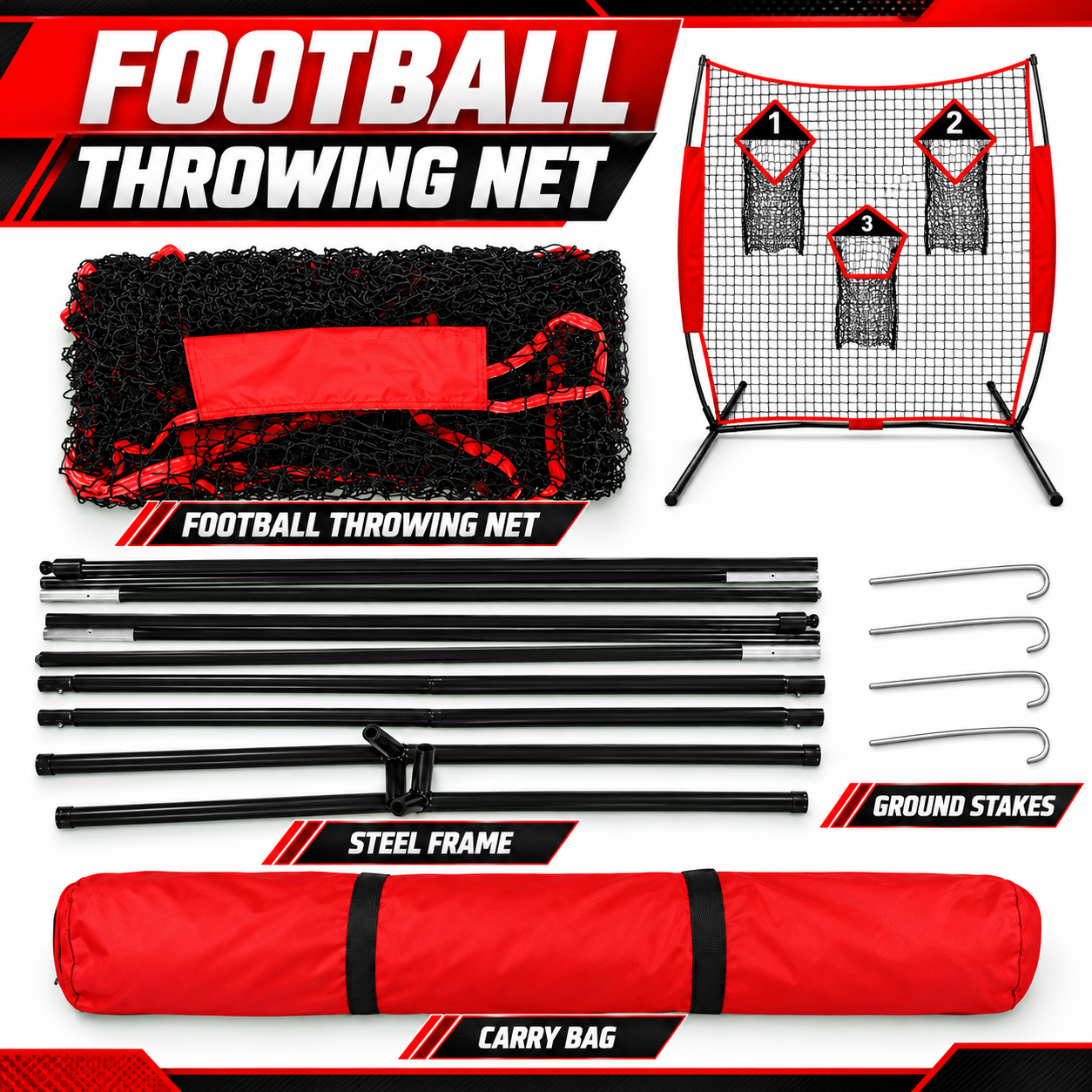 Gagalileo 8x8ft Heavy-Duty Football Training Net — 3 Target Hitting Area Kicking Cage