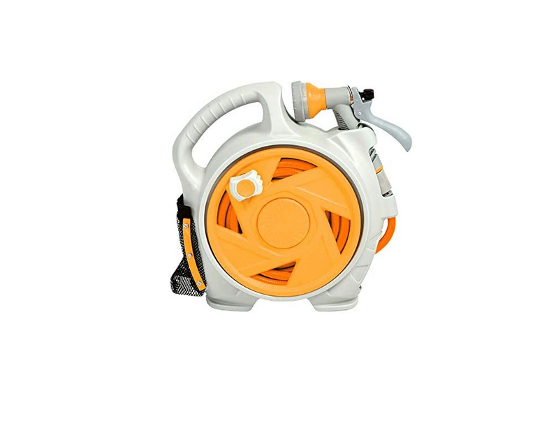 50FT Garden Hose Reel，Retractable Small Water Hose Reel With 7 Water Sprayer Modes，Wall Mount Hose With Reel Kink-Free and Convenient Storage (Mini, Orange)