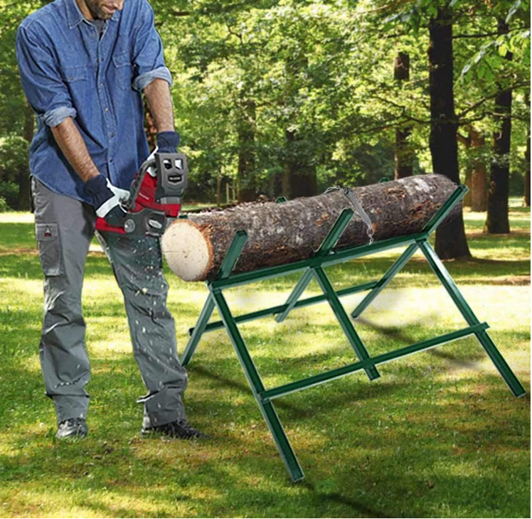 Log Sawhorse For ChainSaw, Foldable Steel Wood Saw Horse With Notched Sawtooth And Wood Log Fixed Spring, Supporting Weight 150 Lbs