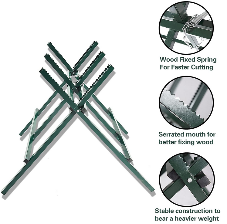 Log Sawhorse For ChainSaw, Foldable Steel Wood Saw Horse With Notched Sawtooth And Wood Log Fixed Spring, Supporting Weight 150 Lbs