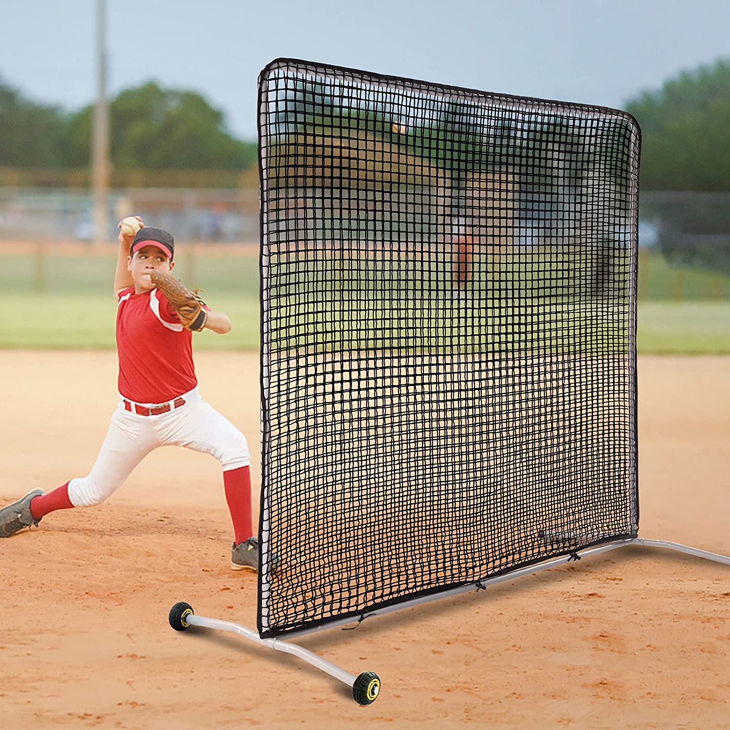 Pitcher Screen Baseball Softball Pitching Screen Baseball Protective Screen | 7'x7' | Black Pro | Portable with Wheels | Galileo Sports