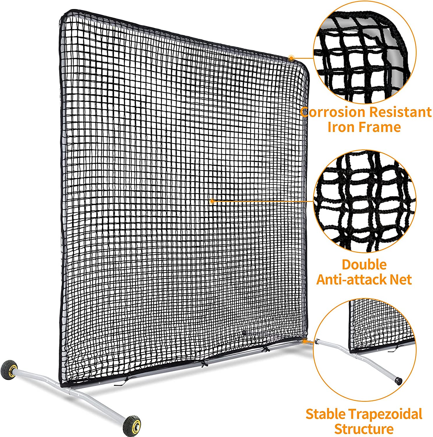 Pitcher Screen Baseball Softball Pitching Screen Baseball Protective Screen | 7'x7' | Black Pro | Portable with Wheels | Galileo Sports