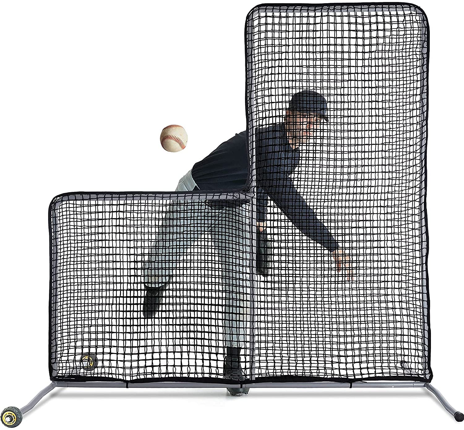 Pitcher Screen Baseball Softball Pitching Screen Baseball Protective Screen | 7'x7' L-Screen | Black Pro | Portable with Wheels | Galileo Sports