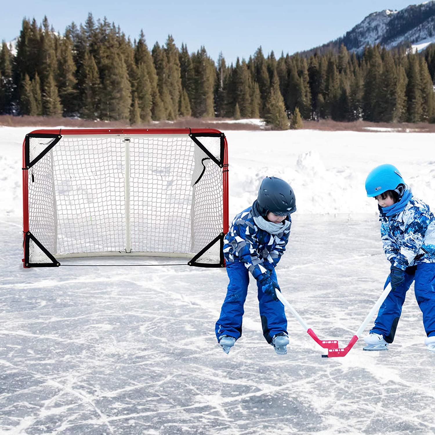 6'x3'X4'Foldable Hockey Goal Steel Hockey Net/ Red Frame and White Netting