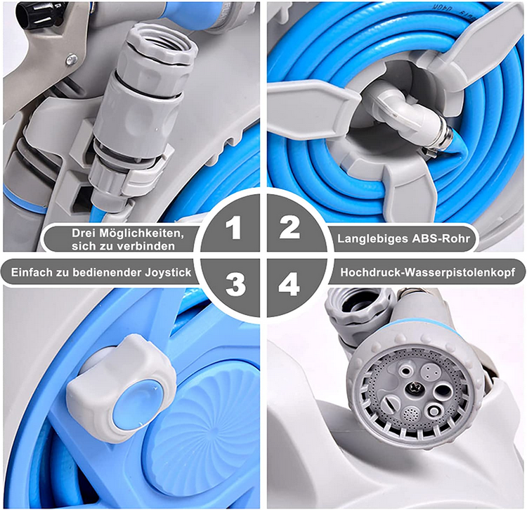 Small Garden Hose Reel, Retractable 50Ft Water Hose Reel With 7 Water Sprayer Modes, Wall Mount Kink Free and Convenient Storage (Mini, Blue)