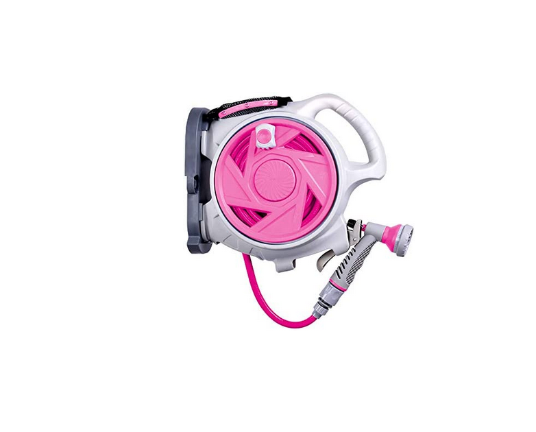 50FT Garden Hose Reel，Retractable Water Hose Reel With 7 Water Sprayer Pattern，Wall Mount Kink-Free and Convenient Storage (Mini, Pink)