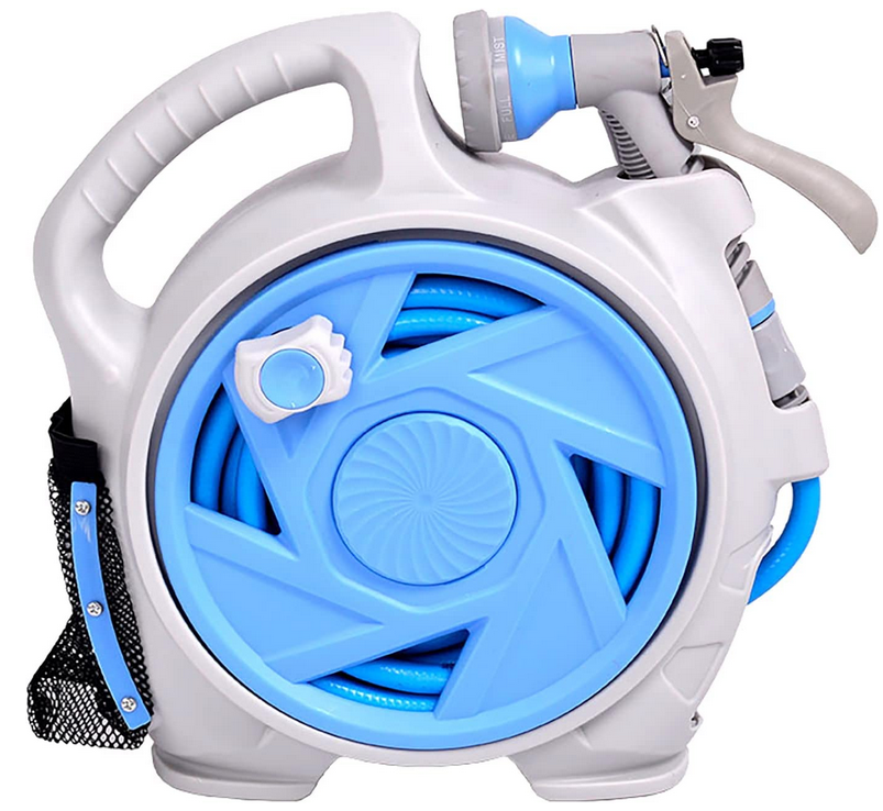 Small Garden Hose Reel, Retractable 50Ft Water Hose Reel With 7 Water Sprayer Modes, Wall Mount Kink Free and Convenient Storage (Mini, Blue)