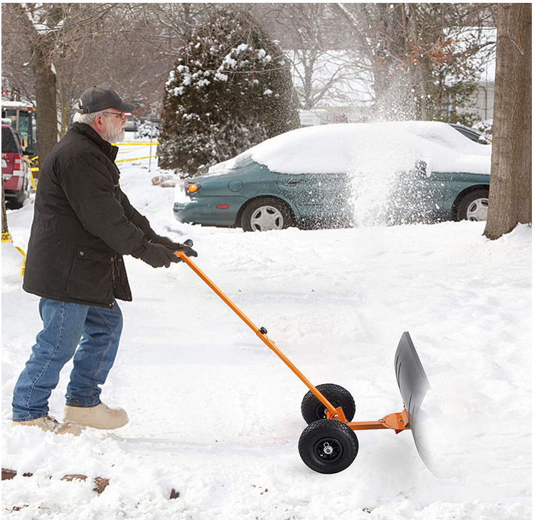 Poussoir à neige roulant, pelle à neige 29 x 19 cm avec roues pour allée, outil de déneigement manuel.