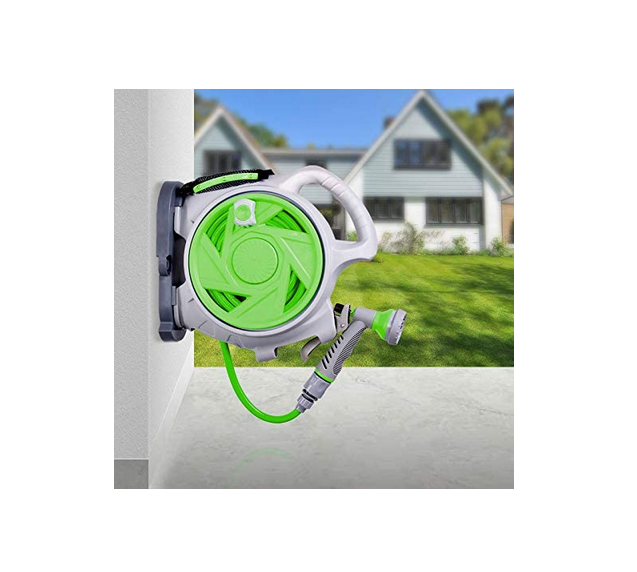 50FT Garden Hose Reel，Retractable Water Hose Reel with 7 Water Sprayer Pattern，Wall Mount Kink-Free and Convenient Storage (Green)