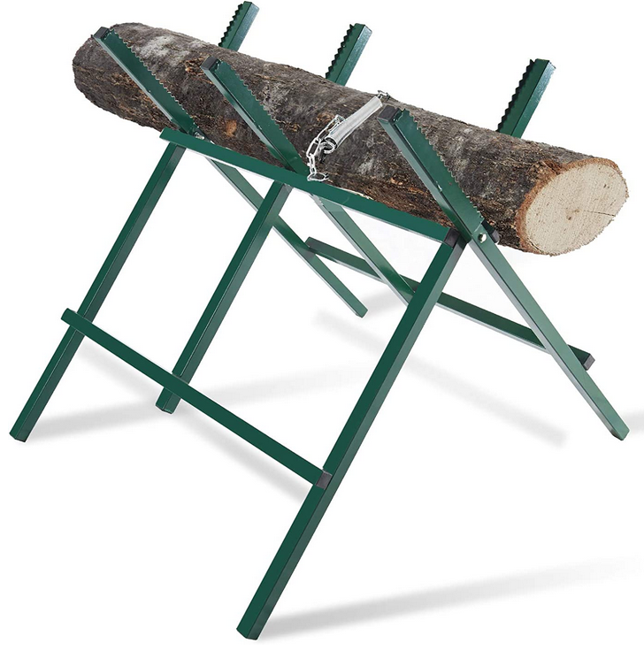 Log Sawhorse For ChainSaw, Foldable Steel Wood Saw Horse With Notched Sawtooth And Wood Log Fixed Spring, Supporting Weight 150 Lbs