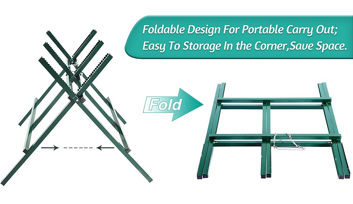 Log Sawhorse For ChainSaw, Foldable Steel Wood Saw Horse With Notched Sawtooth And Wood Log Fixed Spring, Supporting Weight 150 Lbs