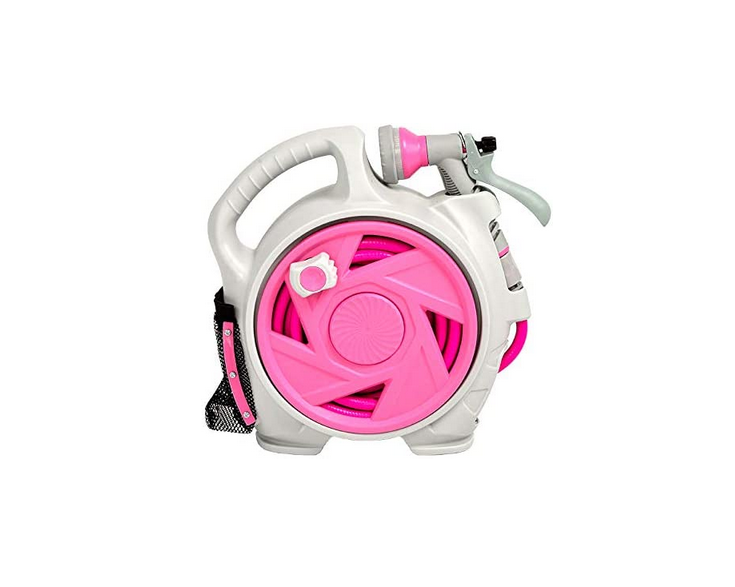 50FT Garden Hose Reel，Retractable Water Hose Reel With 7 Water Sprayer Pattern，Wall Mount Kink-Free and Convenient Storage (Mini, Pink)